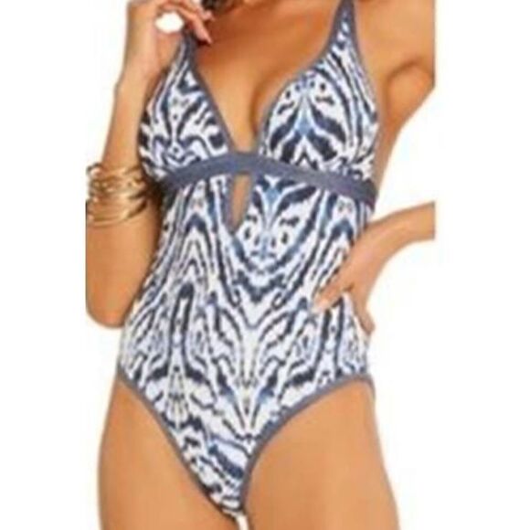 1436 Jessica Simpson surfers Paradise plunge One Piece swim suit BLUE sz S new - Picture 1 of 2